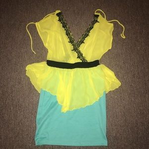 Dress 👗 neon with blue low cut with lace black